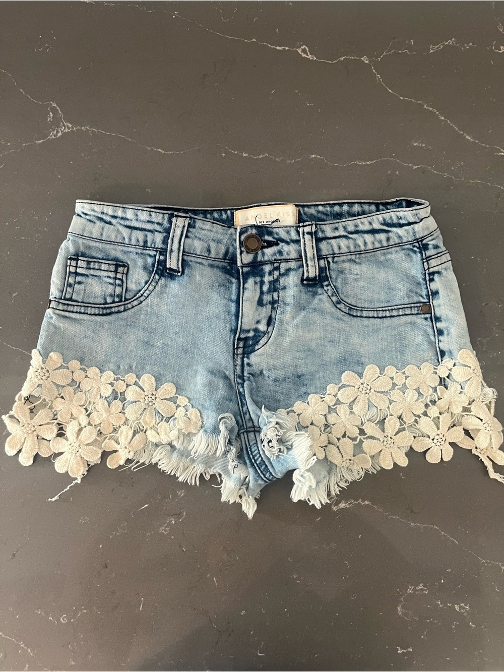 Angel Kiss Los Angeles Distressed Denim Shorts with White Floral Lace Trim Sz 1